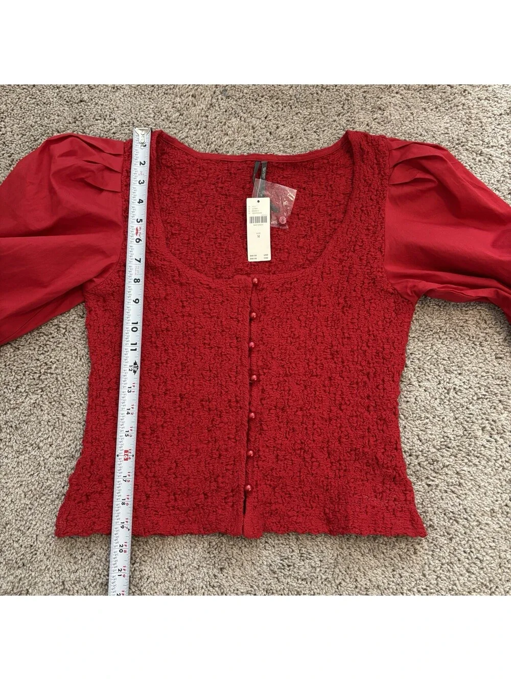 NWT By Anthropologie Smocked Blouse Cherry Red Womens Size Medium Preppy Buttons